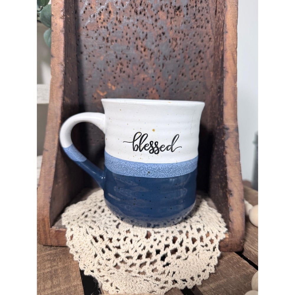 Dowan Dining Coffee Mug BLESSED 18 oz Blue Farmhouse Cottage Country